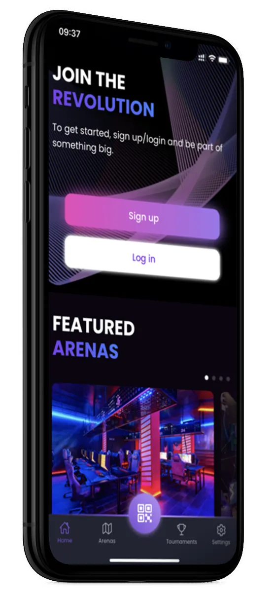 The Olympus app on a phone, showing the sign-up screen and featured arenas